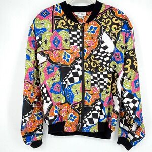 Vintage 90s Satin Bomber Jacket Multicolor Check Print Zip Front Shoulder Pads M